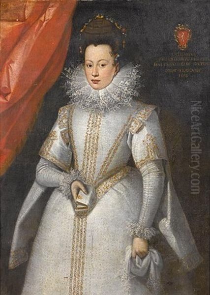 Portrait Of A Lady In A White Embroidered Dress With A Ruff, Holding A Kerchief And A Bible by Juan Pantoja de la Cruz