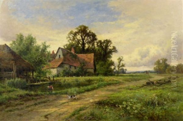 The Young Angler - A Boy Fishing In A Pond With Farmhouse Beyond by Henry H. Parker