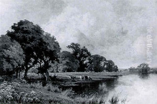 Sunlit River Scene With Catttle Watering by Henry H. Parker