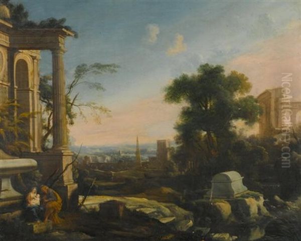 Rast Auf Der Flucht Nach Agypten In Einer Ruinenlandschaft by Pierre Antoine Patel