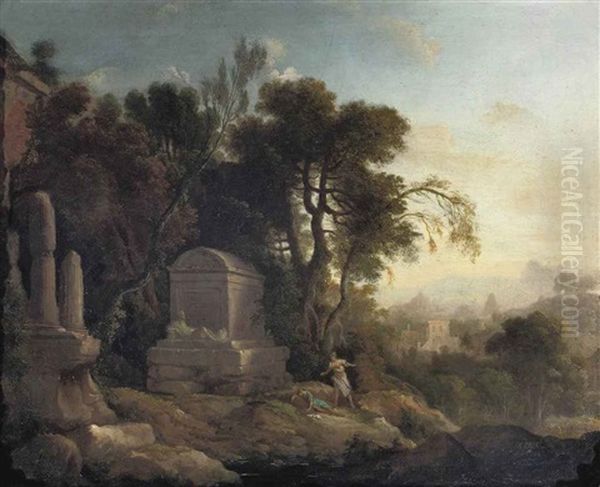 Pyrame And Thisbe In A Wooded Landscape With Classical Ruins by Pierre Antoine Patel