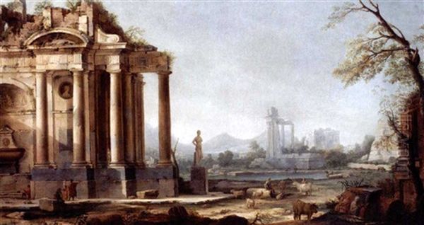 Capriccio Landscape With Figures Beside Ruins by Pierre Antoine Patel