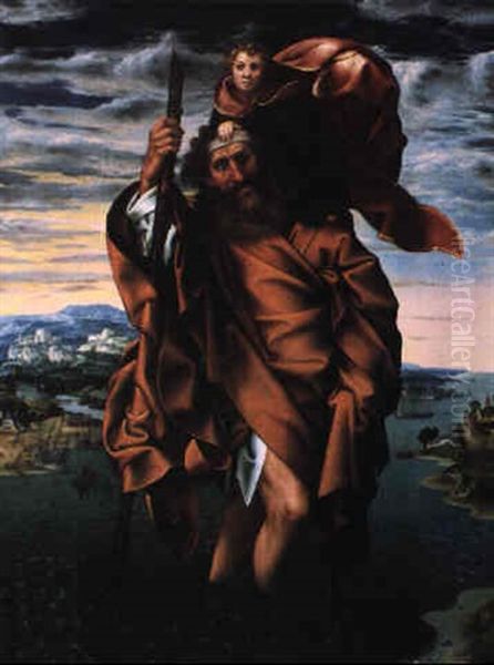 Saint Christopher With The Christ Child On His Shoulders by Joachim Patinir