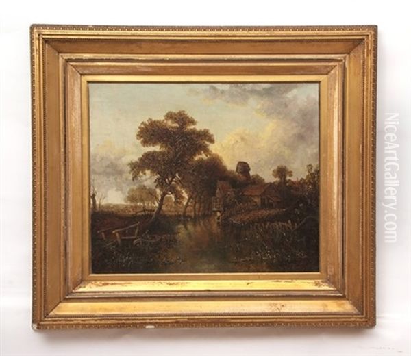 River Landscape With Figure In A Rowing Boat By A Stick Bridge by Joseph Paul