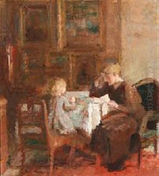 A Mother And Her Daughter Sitting At A Tablecloth by Julius Paulsen