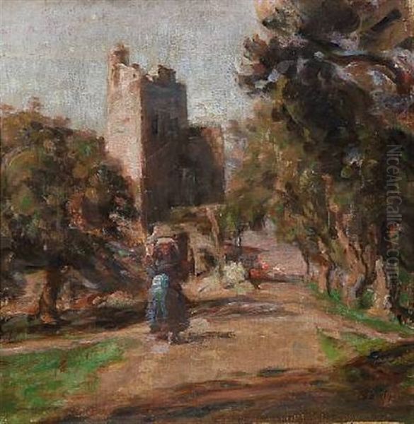 Italian Landscape With Ruins And Woman On The Road by Julius Paulsen