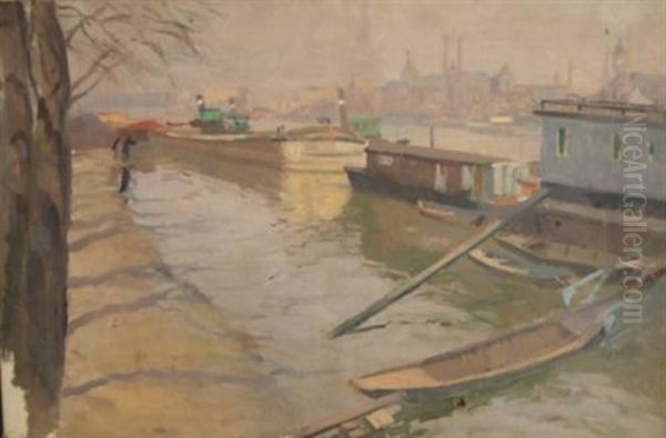 Boats In Canal, Paris by Elie Anatole Pavil