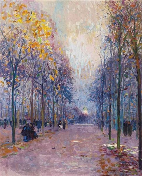 Figures Taking A Stroll In The Luxembourg Gardens, The Pantheon Beyond by Elie Anatole Pavil