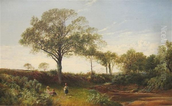 A Tranquil Landscape With Children Playing On A River Bank by David Payne