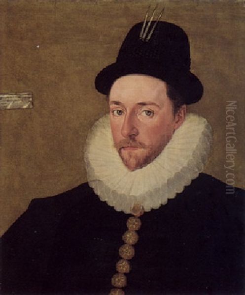 Portrait Of A Gentleman, (sir Francis Drake?) Wearing A Black Tunic And Hat And A White Ruff by Robert Peake the Elder