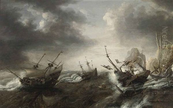 Vessels In Stormy Water, Two Boats Shipwrecked Near The Rocks, One With The Coat Of Arms Of Zeeland by Bonaventura Peeters the Elder