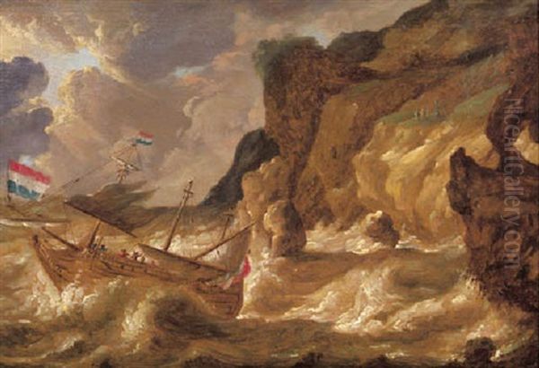 A Threemaster Lowering Sail Off A Rocky Coast In A Gale by Bonaventura Peeters the Elder