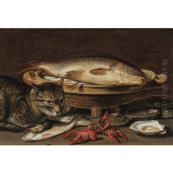 A Still Life With Fish In A Ceramic Collander, Oysters, Langoustines, Mackerel And A Cat On The Ledge Beneath by Clara Peeters