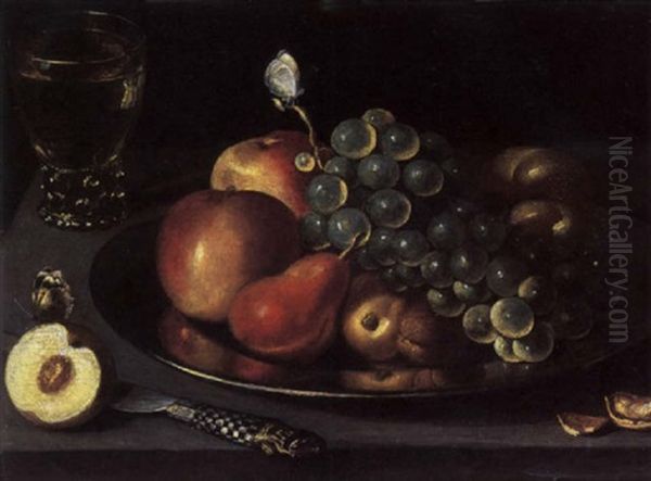 Apples, Pears, Peaches And White Grapes On A Plate With A Roemer Of White Wine, A Sliced Peach, A Knife And A Nut On A Ledge With Two Butterflies by Clara Peeters