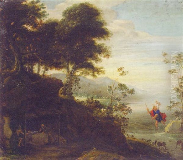 A Wooded Landscape With Saint Anthony Visiting Saint Paul The Hermit And Saint Christopher Carrying The Christ Child by Gillis (Egidius I) Peeters