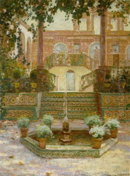 A Courtyard With A Fountain And Flowers, Portugal by Ernest Clifford Peixotto