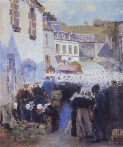 A Gathering In A Breton Village by Frank C. Penfold