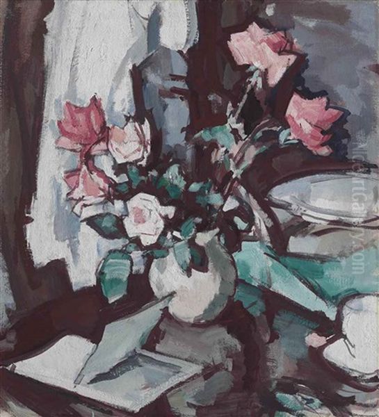 Still-life With Pink Roses And An Open Book by Samuel John Peploe