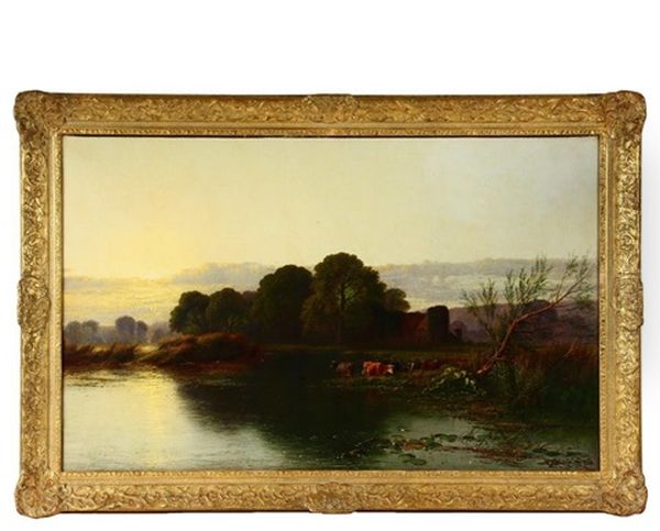 Welsh Pastoral River Scene With Cows And Cottage by Sidney Richard Percy