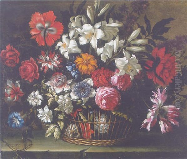 Lilies, Roses, Carnations, Pansies And Other Flowers In A Basket On A Stone Ledge by Bartolome Perez