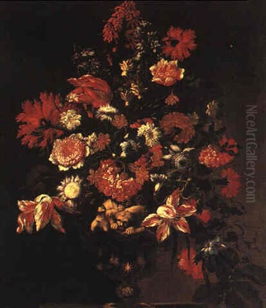 Still Life Of Tulips, Carnations, Marigolds, And Narcissi Ina Vase Carved With Grotesque Figures by Bartolome Perez