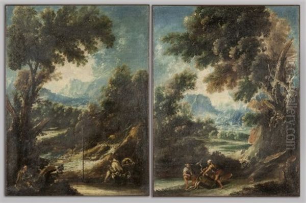 Paesaggio Alberato Con Eremiti; Paesaggio Alberato Con Pescatori Di Anguille (2 Works) by Antonio Francesco Peruzzini