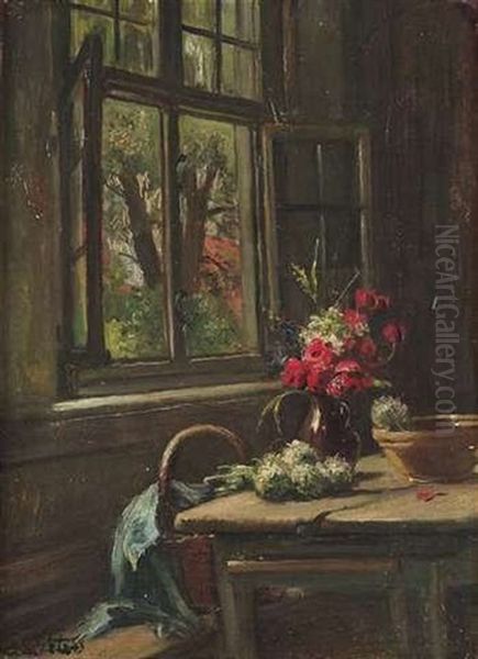 Kucheninterieur Mit Einem Alten Bauerntisch, Auf Dem Ein Straus Wiesenblumen Steht by Anna Peters