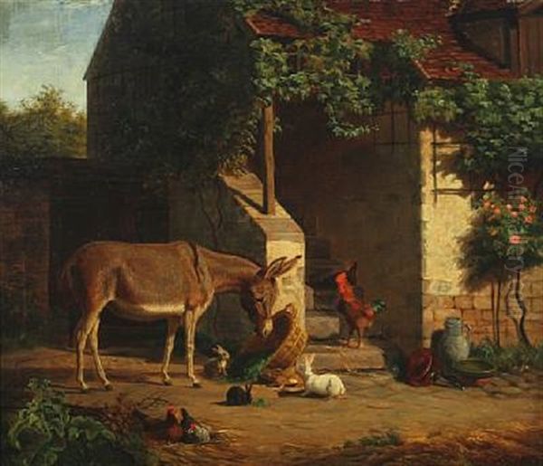 Italian Farm Exterior With Donkey Surrounded By Hens And Rabbits by Edvard Frederik Petersen