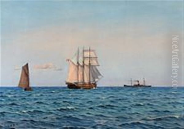 Seascape With Sailboats And Steamship On A Clear Day by Emanuel A. Petersen