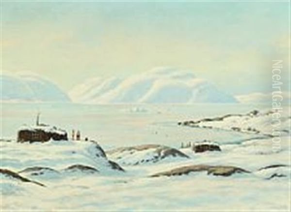 Greenlandic Landscape With Settlement By An Icelocked Fiord by Emanuel A. Petersen