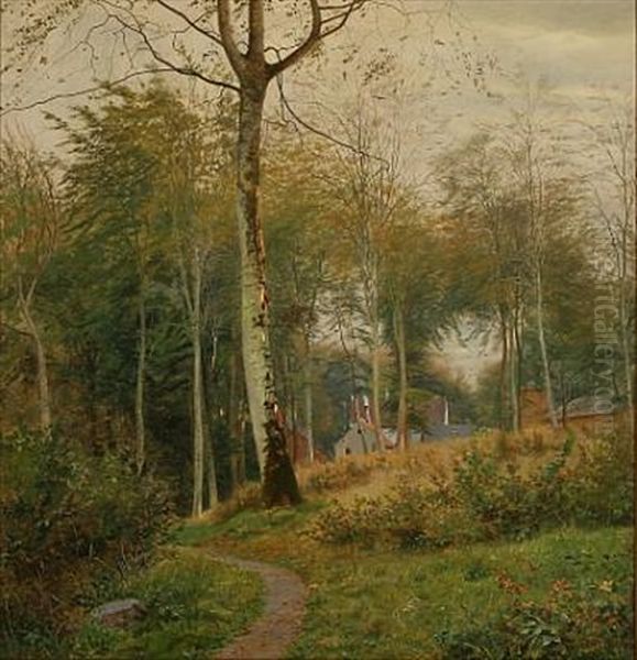 Houses And A Path In The Woods by Julius Petersen