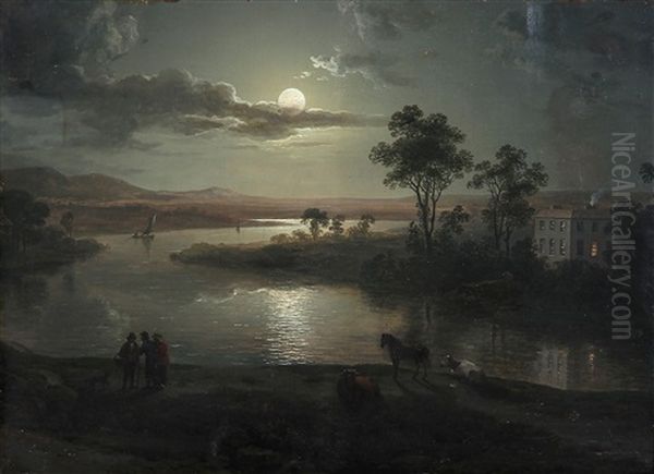 Evening Scene With Full Moon And Persons by Abraham Pether