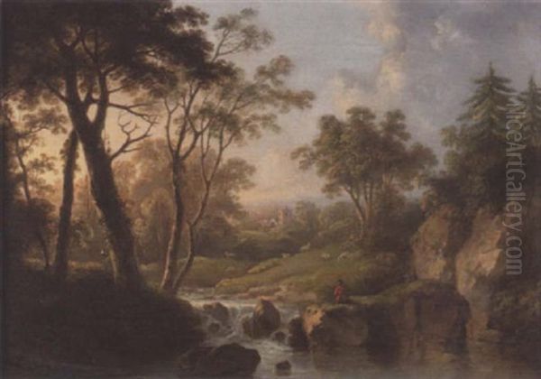 A Wooded Landscape With A Fisherman By A Stream, Sheep Grazing With A Town Beyond by Abraham Pether