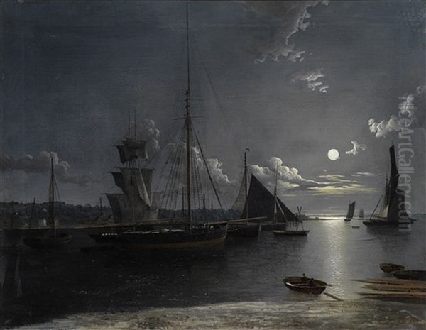 Fishing And Other Vessels On A Moonlit Estuary by Henry Pether