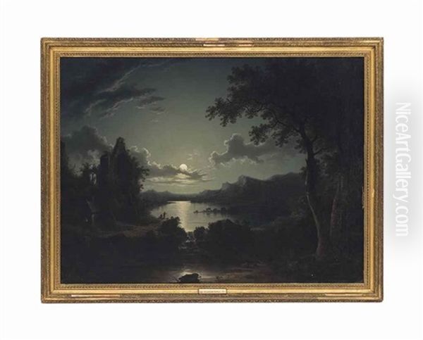 A Moonlit Lake Landscape With A Waterfall, A Ruined Abbey And Fishermen On A Promontory by Sebastian Pether