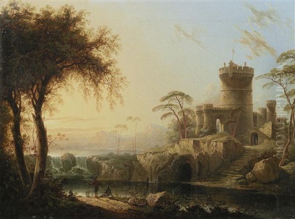 Figures Fishing Before A Castle In An Italianate Landscape by Sebastian Pether