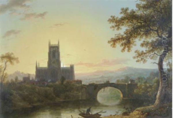 A River Landscape With A Church And A Fisherman In The Foreground by Sebastian Pether