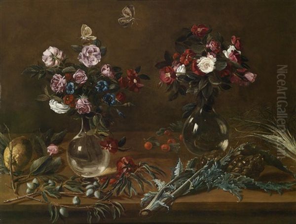 Stilleben Mit Blumen In Zwei Glasernen Vasen, Zitrone, Oliven Und Artischocken by Astolfo Petrazzi