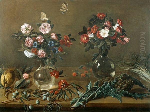 Stilleben Mit Blumenvasen; Artischocken Und Obst by Astolfo Petrazzi