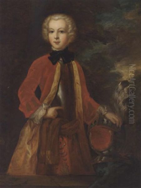 Portrait Of Lord Strathnaver In A Red Coat And Breast Plate, Resting His Right Hand On A Helmet by Charles Philips