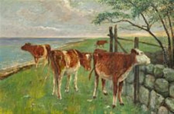 Calves Grazing On Saltholm Oil Painting - Theodor Philipsen