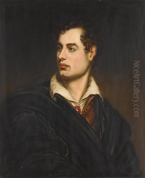 Portrait Of Lord Byron (1788-1824), Bust-length, Wearing A White Shirt Fastened With A Large Red Gem Beneath A Heavy Black Coat by Thomas Phillips