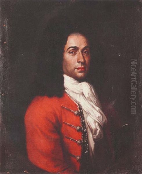 Portrait Of A Gentleman Wearing A Red Coat Trimmed With Silver And A White Jabot by Giovanni Maria Delle Piane