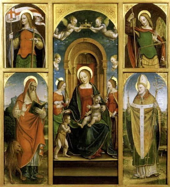 Polittico: Madonna Con Bambino, San Giovannino, Sant'agnese E Santa Caterina D'alessandria; A Sinistra: San Girolamo E San Giorgio (?); A Destra: Sant'ambrogio Ed L'arcangelo Michele (sides, Smaller) by Alberto Piazza