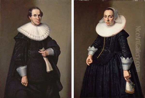 Portrait Of A Gentleman, In A Ruff Collar And Black Silk Doublet With Lace-trimmed Cuffs, (+ Portrait Of A Lady, In A Black Silk Dress With A Brocade Bodice With Gold Buttons; Pair) by Nicolaes Eliasz Pickenoy