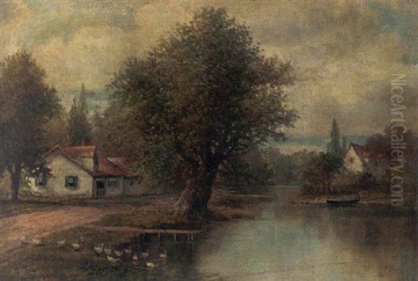 Spring Landscape With Cottages And Geese by Joseph Langsdale Pickering