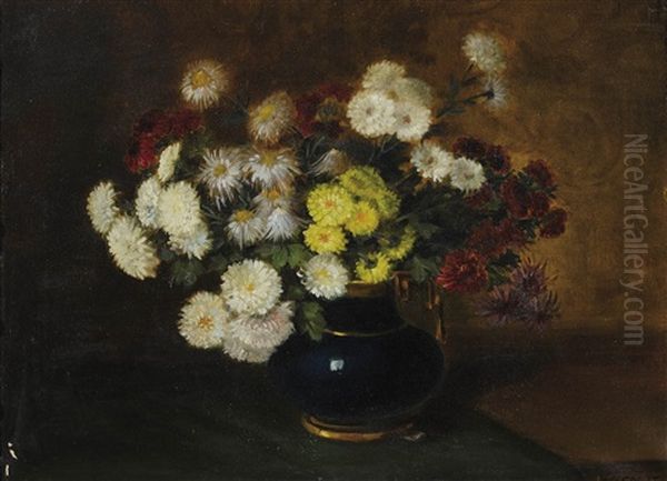 Bouquet Mit Chrysanthemen Und Astern In Blauer Vase by Nicolas Constant Pierrat