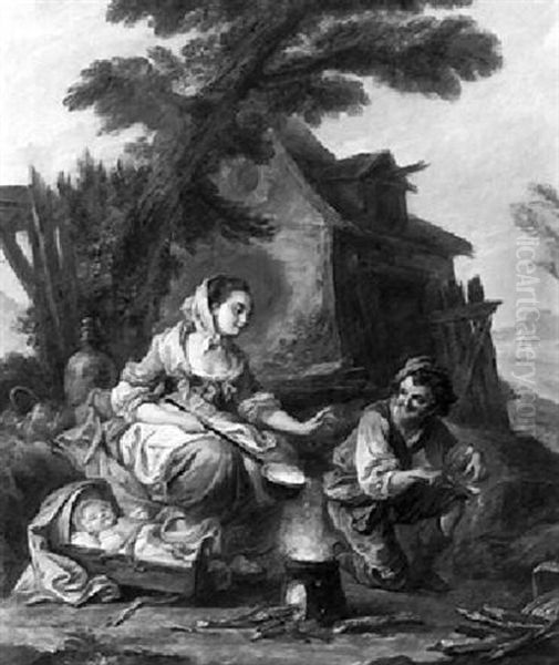 A Family Cooking Over A Brazier In A Landscape by Jean Baptiste Marie Pierre