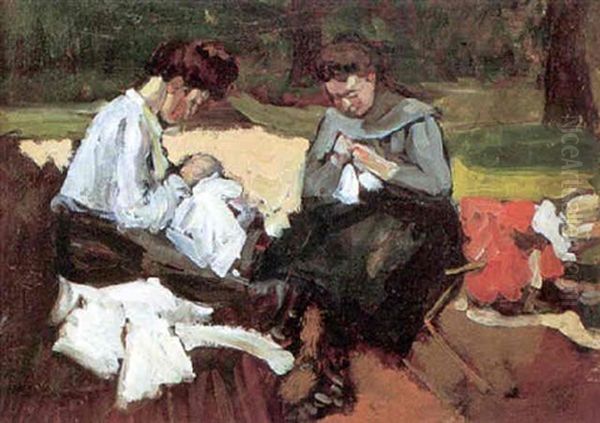 Jeune Femme Brodant Dans Le Parc by Fernand Piet