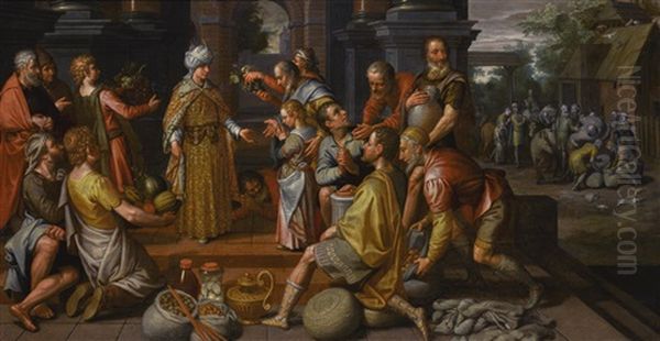 Joseph Distributing The Harvest To The Egyptians And Benjamin Being Presented To His Brother, The Discovery Of The Silver Cup In The Sack Of Corn Beyond by Pieter Pietersz the Younger